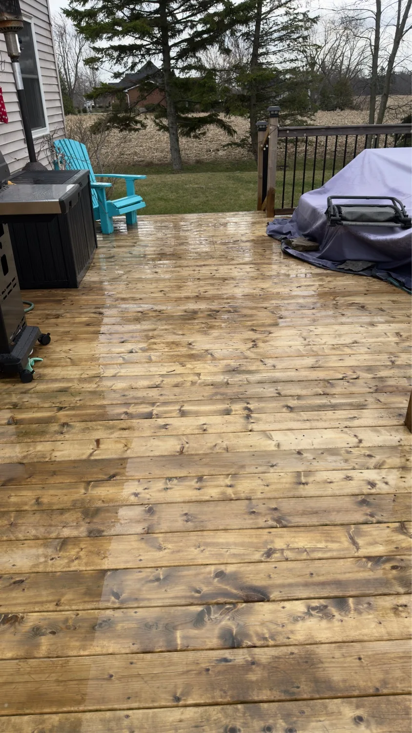 Freshly stained pressure-treated pine deck with rural view β D&D Exterior Finishing Kitchener-Waterloo